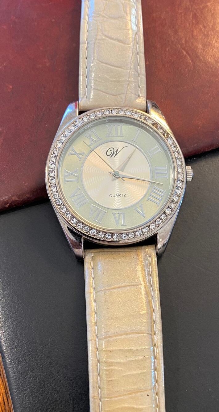 Woman's W by Waltham Watch, Silver Tone and Rhinestone Bezel, Leather Band